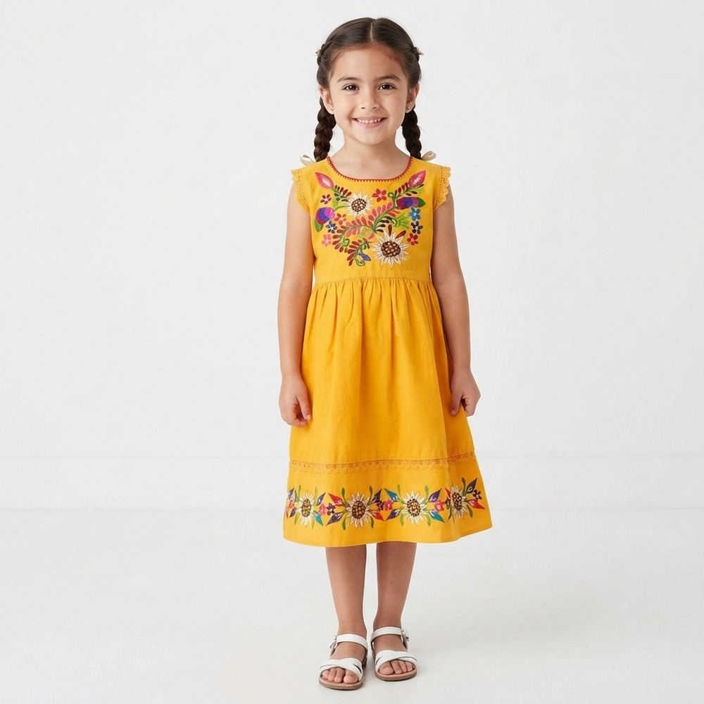 Handmade Mexican Floral Embroidered Dress Kids Size 8 Yellow Excellent Boho